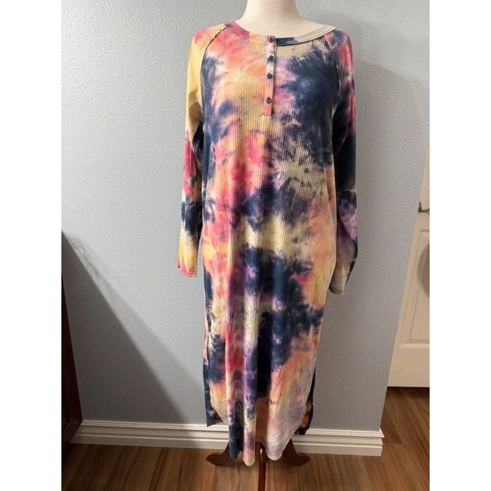 Umgee Tie Dye Ribbed Henley Maxi Dress Side Slits Size Large